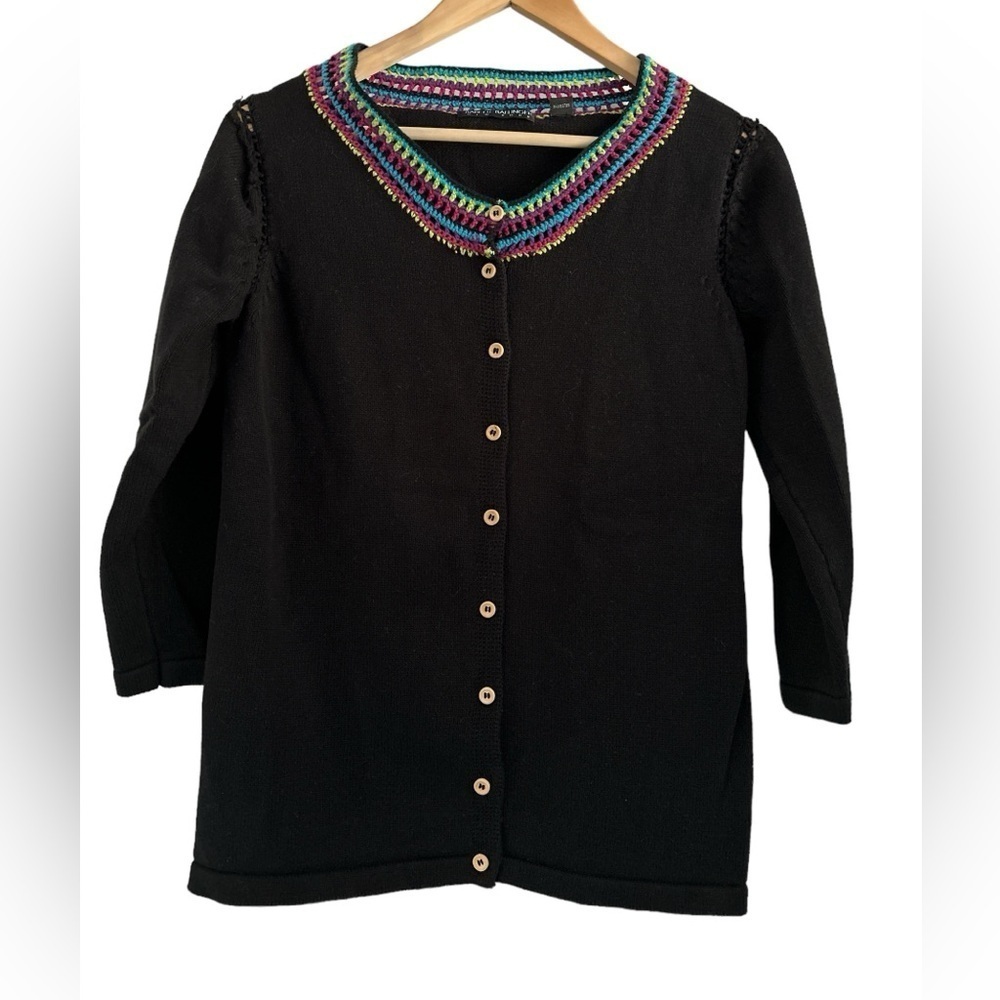 Babette Ballinger Black Button Front Cardigan Sweater with Rainbow Crochet Trim